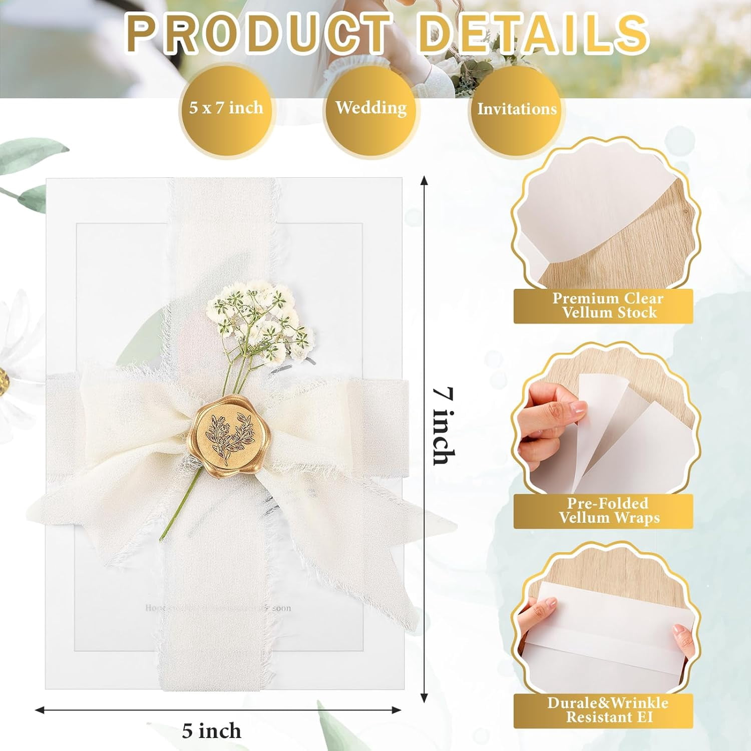 30 Set Wedding Invitations Wraps Set Pre Folded Vellum Jackets for 5 x 7 Invitations Self Adhesive Gold Wax Seal Stickers Dried Baby's Breath Flowers Chiffon Silk Ribbon for Craft DIY