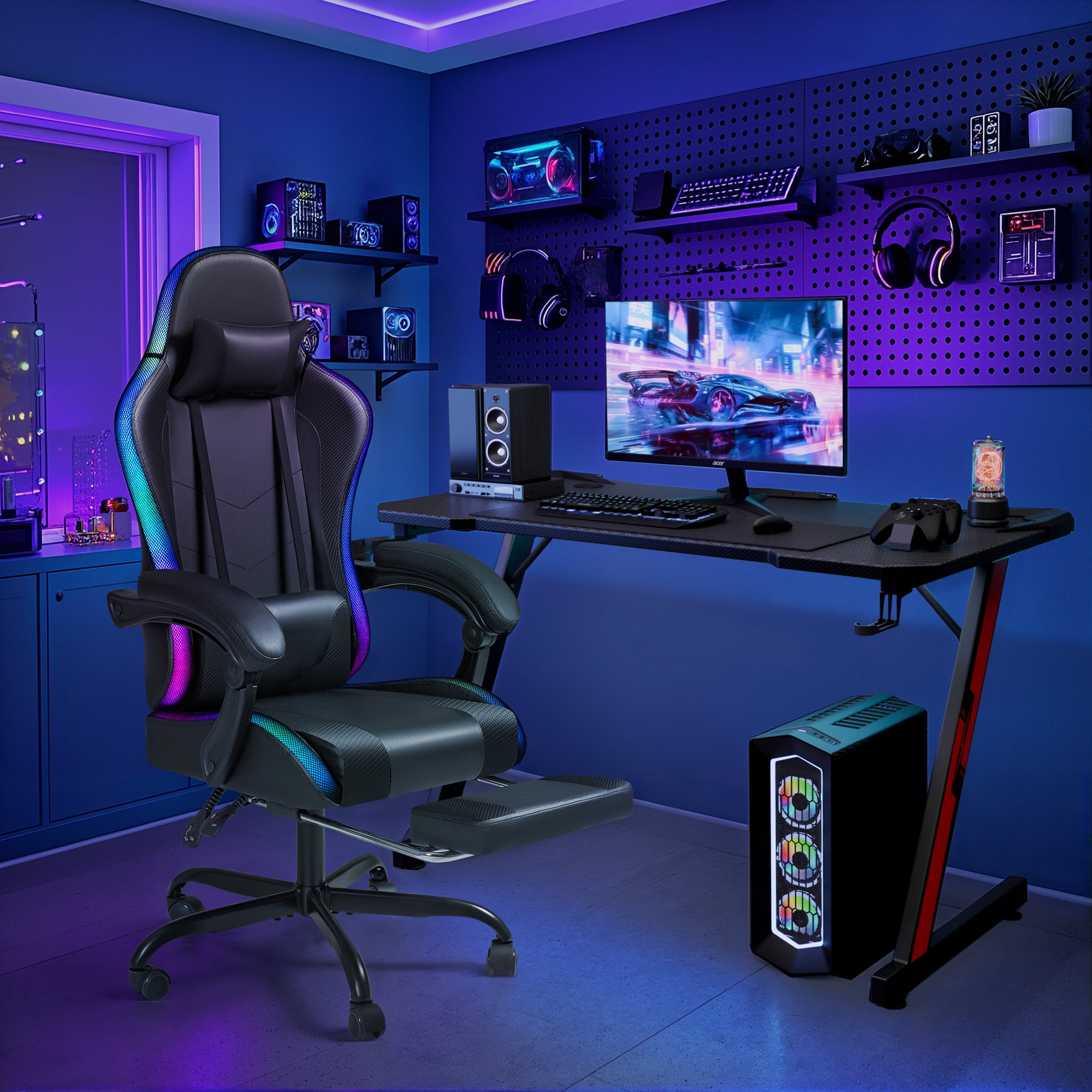 Homall RGB Gaming Chair with APP & Remote Control, LED Lights Ergonomic Computer Chair with Footrest & Massage Lumbar Support, Black