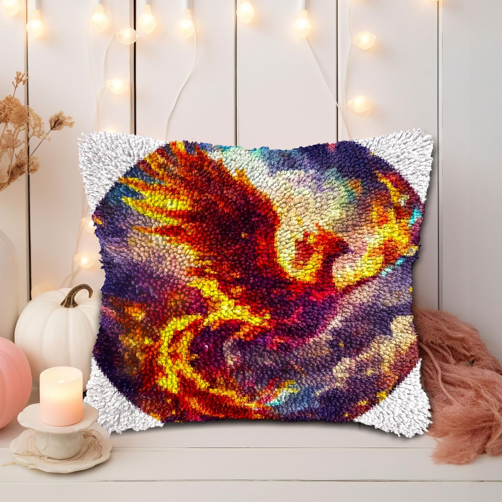 Red Bird Flying in Fire DIY Latch Hook Pillow Kits for Adults Printed Pillowcase Crochet Yarns Hooking Handmade Pillow Cover Cushion for Home Sofa Decoration 17x17inch(3)