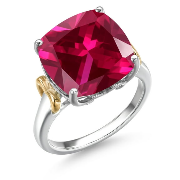 Gem Stone King 925 Silver and 10K Yellow Gold Red Created Ruby Solitaire Engagement Ring for Women | 8.00 Cttw | Cushion 12MM | Gemstone July Birthstone | Size 6
