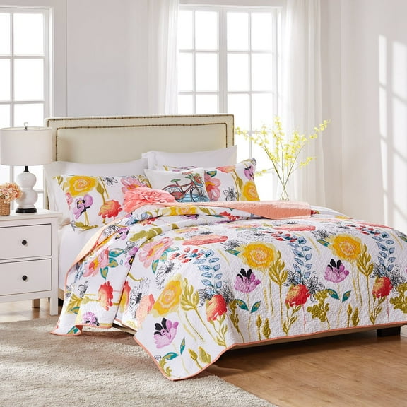 Greenland Home Fashions Watercolor Dream Floral Cotton Quilt, Full/Queen - Reversible