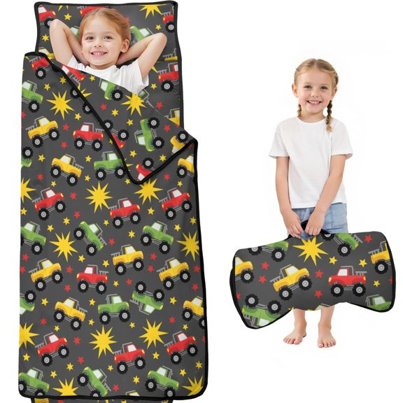 Monster Cartoon Truck Black Pattern Teens Toddler Nap Mat with Pillow, Sleeping Mat Bag for Preschool Daycare 59"x22"