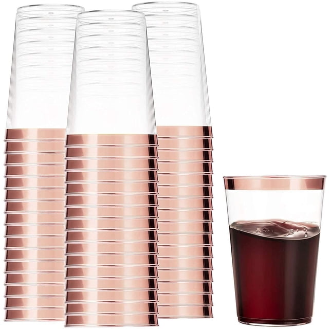 100 vasos de plástico de oro rosa – Vasos de plástico transparente desechables premium de 10 oz con borde de oro rosa para bodas o fiestas (100 vasos de oro rosa) Vhermosa HMHZ1056-1