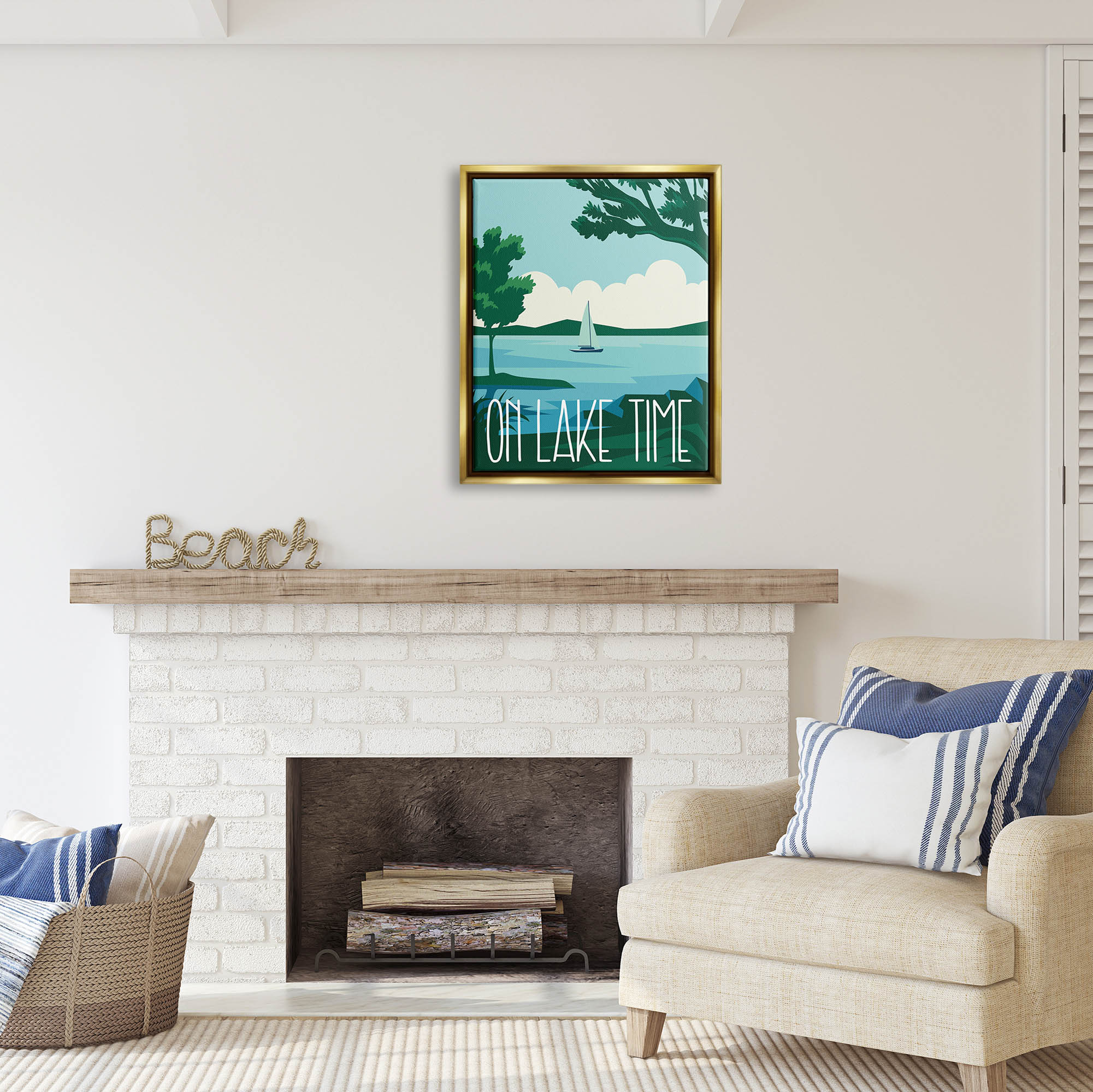Stupell Industries On Lake Time Modern Nature Scenery Coastal Painting Gold Floater Framed Art Print Wall Art