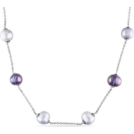 8.5-9mm Multi-color Round Cultured Freshwater Pearl Sterling Silver Multi-Stone Station Necklace, 18