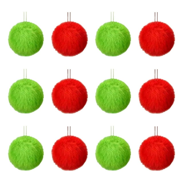 Adornos navideños verdes y peludos para el árbol | Decoraciones con pompones y detalles rojos | Adornos colgantes de felpa suave para el árbol, coronas y decoración navideña del hogar.