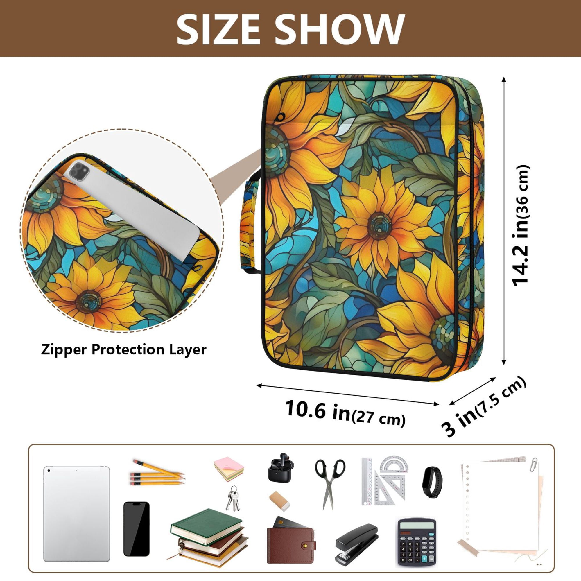 FORMRS Accordion File Folder A4 Size 7-Pocket Expanding Document Organizer Bag with 3 Ring Binder, Stained Glass Sunflowers Pattern