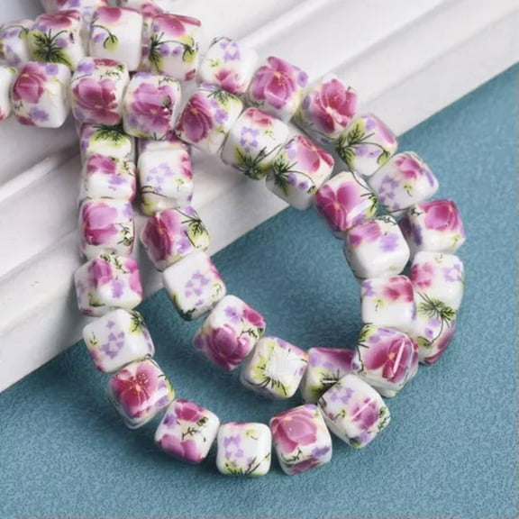 U8MO 10pcs Flower Painting 8mm Cube Ceramic Porcelain Loose Beads For Jewelry Making-B# Purple