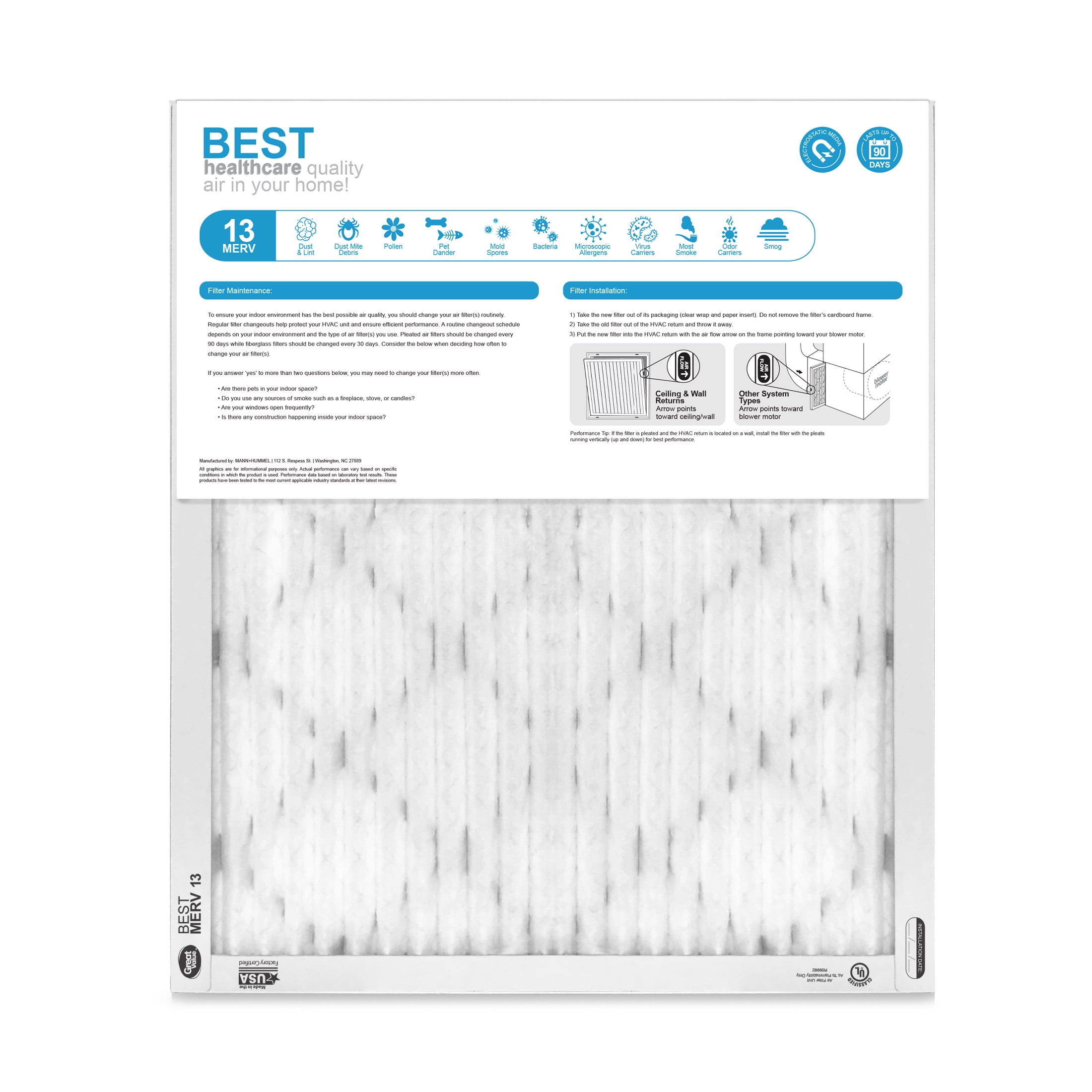 Great Value; 16x20x1; MERV 13 BEST HVAC Air and Furnace Filter; Improves Indoor Air Quality; 2 Filters