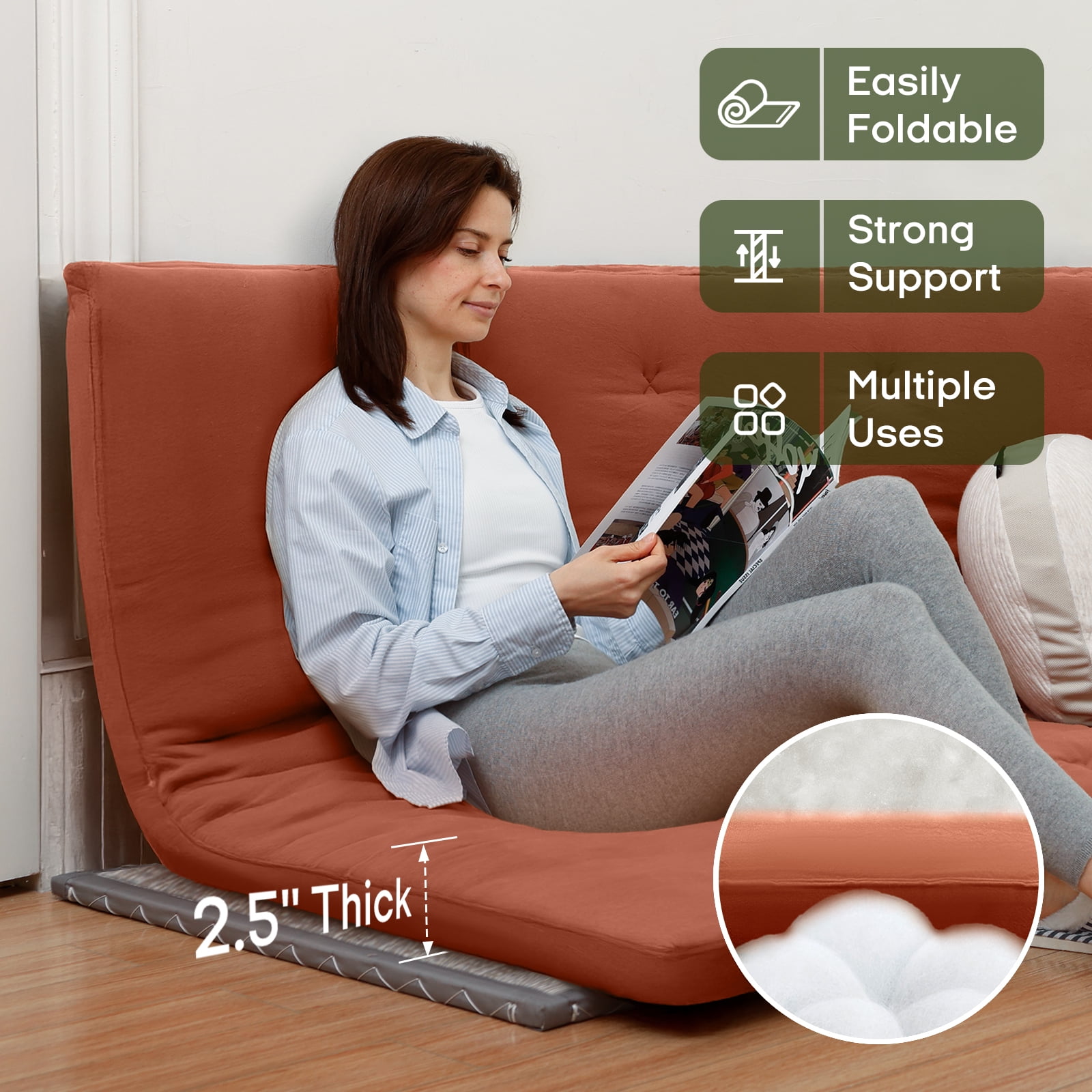 Zonli Japanese Floor Futon Mattress, 2.5" Cotton Folding Tatami Pad, Queen 80"x60", Red