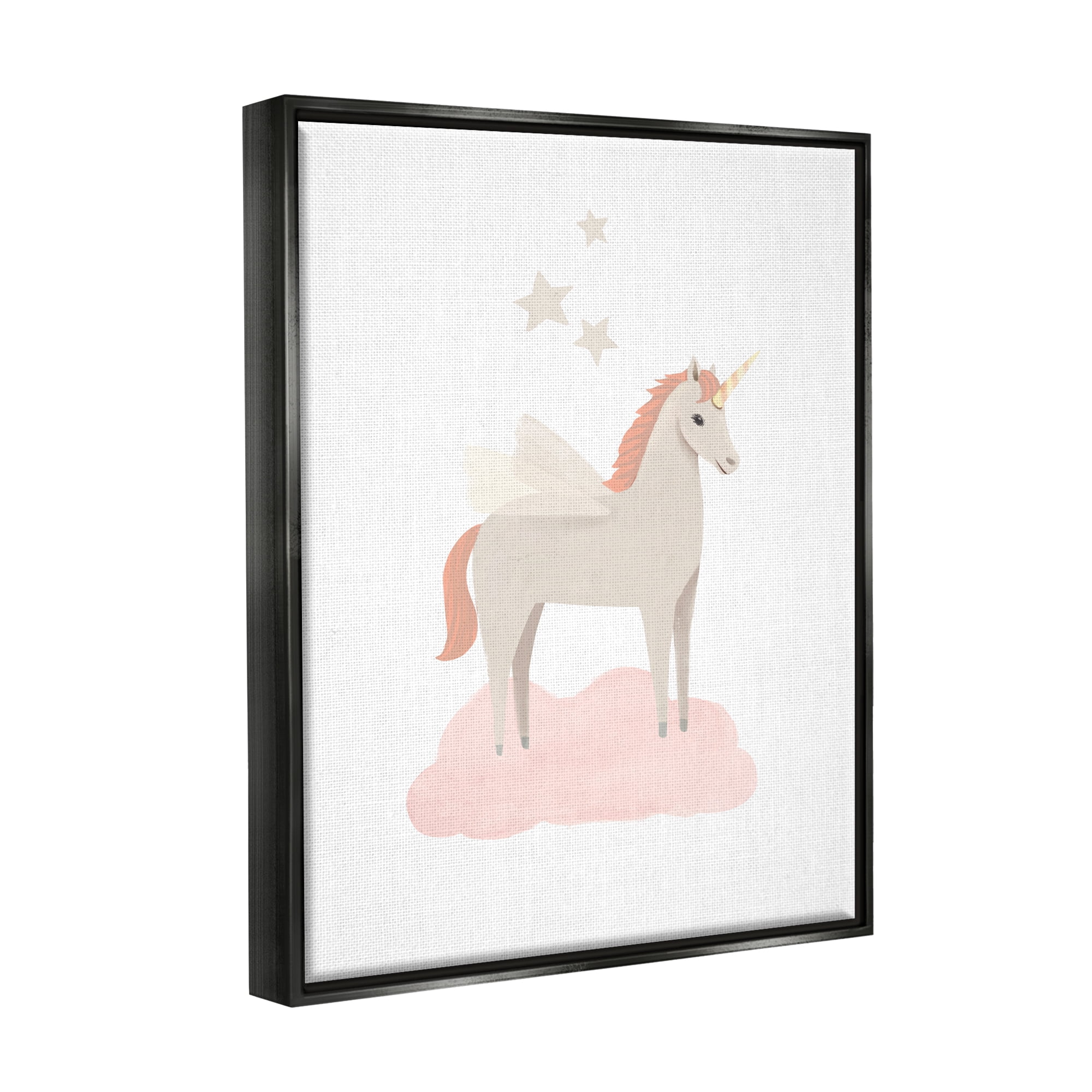 Stupell Industries Unicorn on Pink Cloud Fairy Tales & Fantasy Painting Black Floater Framed Art Print Wall Art, 17 x 21