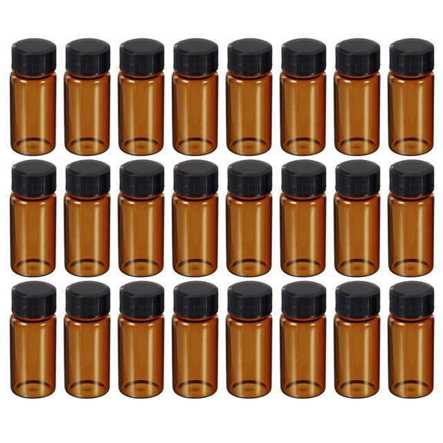 Unique Bargains 10mL Reagent Media Bottle 24 Pack Round Glass Storage Bottles Plastic Screw Cap for Lab Home, Amber