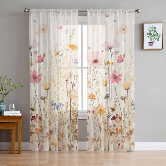 Spring Floral Semi Sheer Curtains 96 Inch Length 2 Panels Set, Pastoral Botanical Summer Flowers Vintage Sheer Kitchen Curtain Privacy Voile Window Curtain for Living Room Bedroom Rod Pocket Drapes