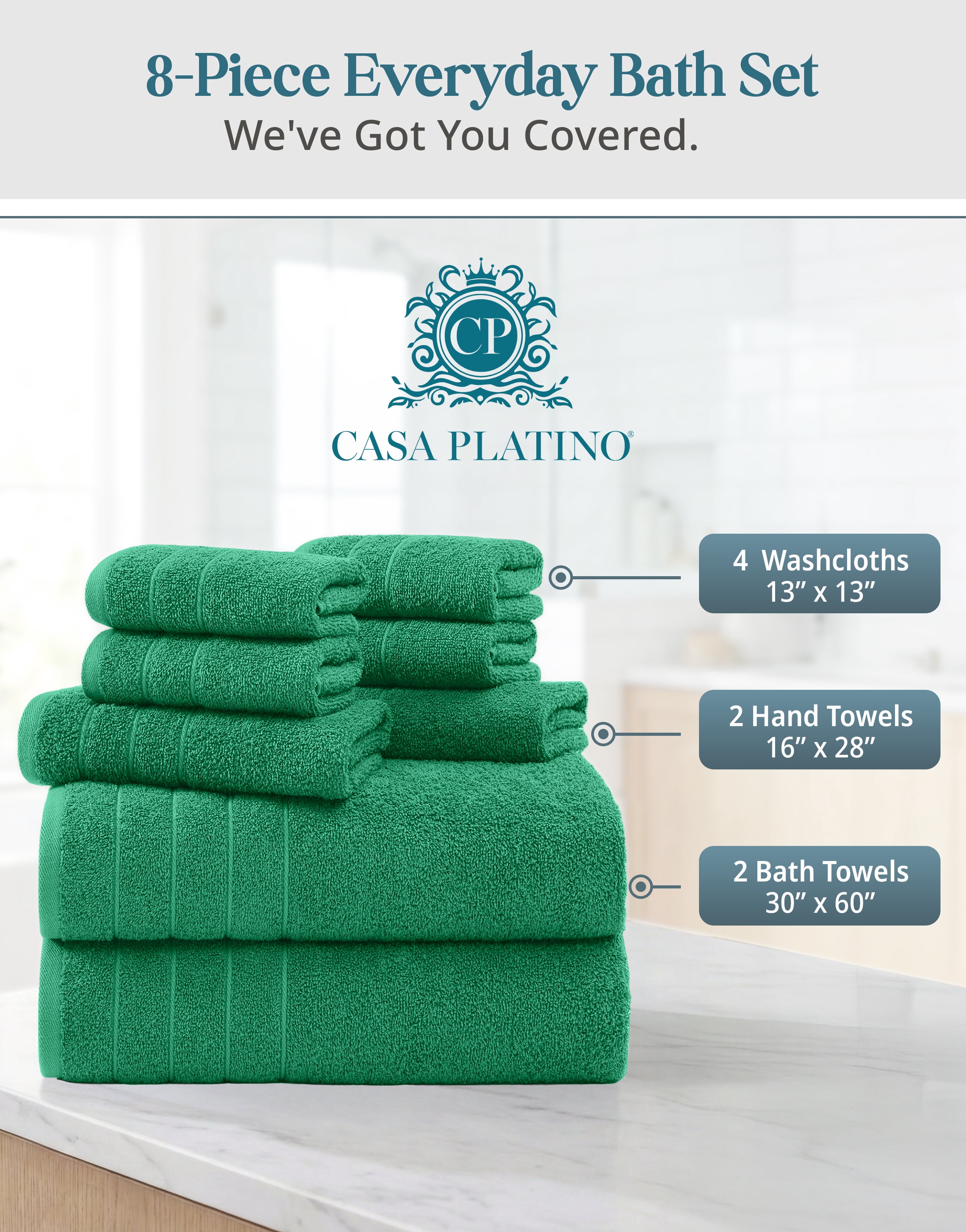 Casa Platino 8-Piece Bathroom Towels – Luxurious 100% Ring Spun Cotton, Includes 2 Bath, 2 Hand & 4 Washcloths, Quick-Dry, Lightweight, Everyday Essential – Emerald