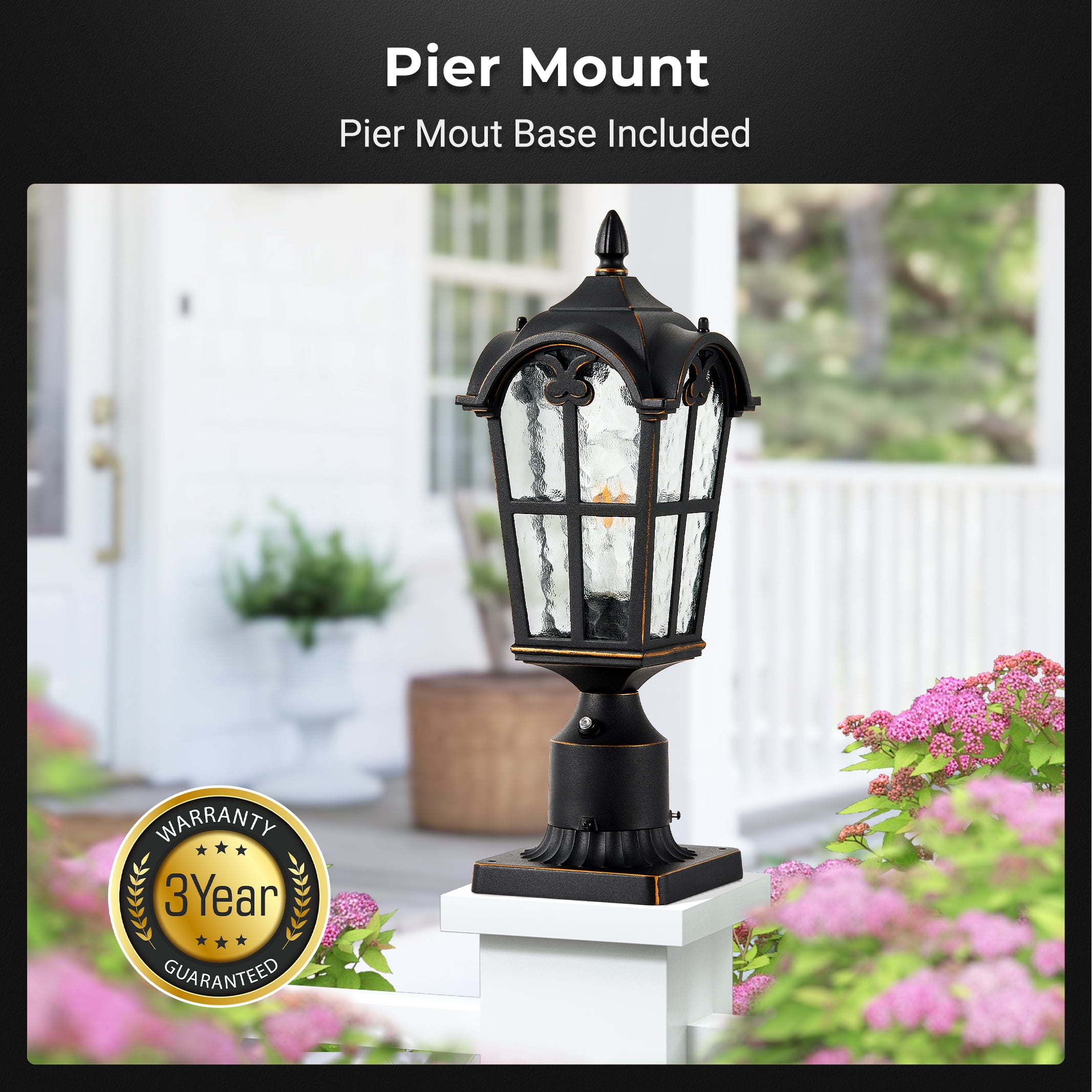 VIANIS Dusk to Dawn Outdoor Post Light, Black 1-Pack Lamp Posts Outdoor Lighting with Pier Mount Base, Waterproof Aluminum Outside Post Lights for Garden, Patio, Pathway (Hardwired 120VAC)