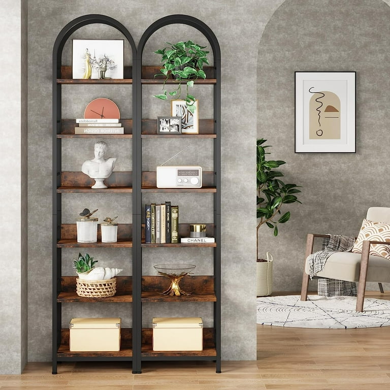 5 Shelf Etagere Arched Bookcase, 72Tall Metal Bookshelf with Wood Shelving, Gold / Black - 2 PC