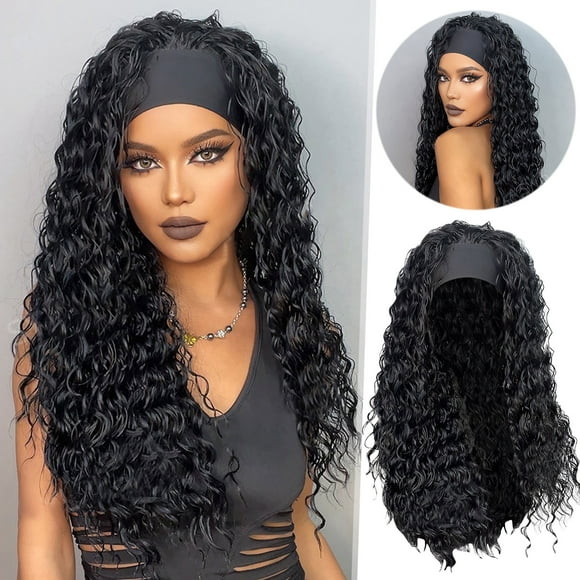 TopLLC Wigs Hairband Wig Women's Black Small Roll Brown Long Straight Hair Machine High Temperature Silk Mid split toupee