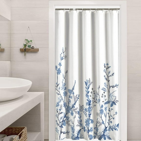 Stall Shower Curtain 36 x 72 Inch, Small Floral Leaves for Bathroom with Hooks, Blue Waterproof Textured Bath Shower Curtain Set for Hotel Home RV - 36 x 72 Inch