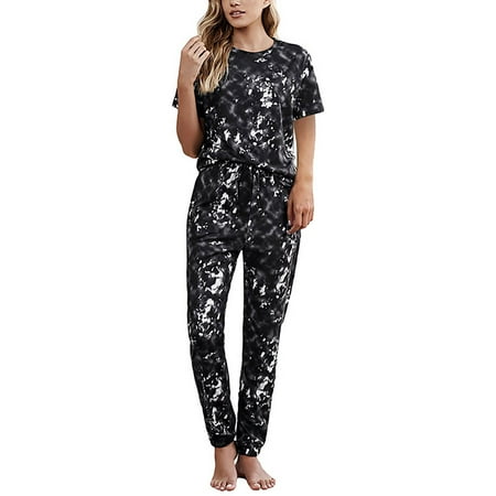 

Pajamas for Women Set Ladies Summer Round Neck Short Sleeve Elastic Waist Pants Sports Tie Dye Homewear Set Black S
