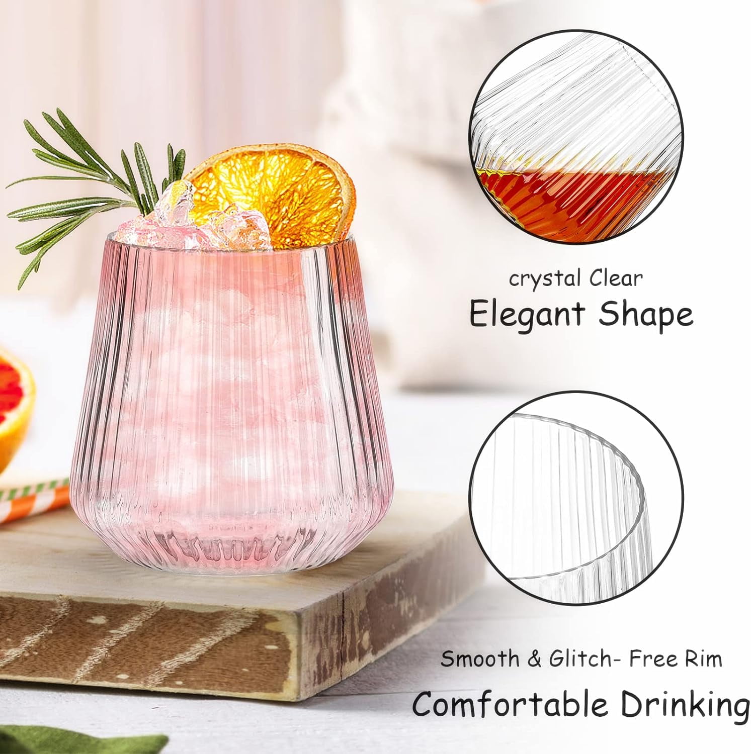 20 Pack Plastic Ribbed Wine Glasses, 12 Oz Unbreakable Stemless Cocktail Cups for Party, Disposable Reusable Origami Style Ridged Drinking Tumbler for Champagne Catering Wedding Picnic Bar