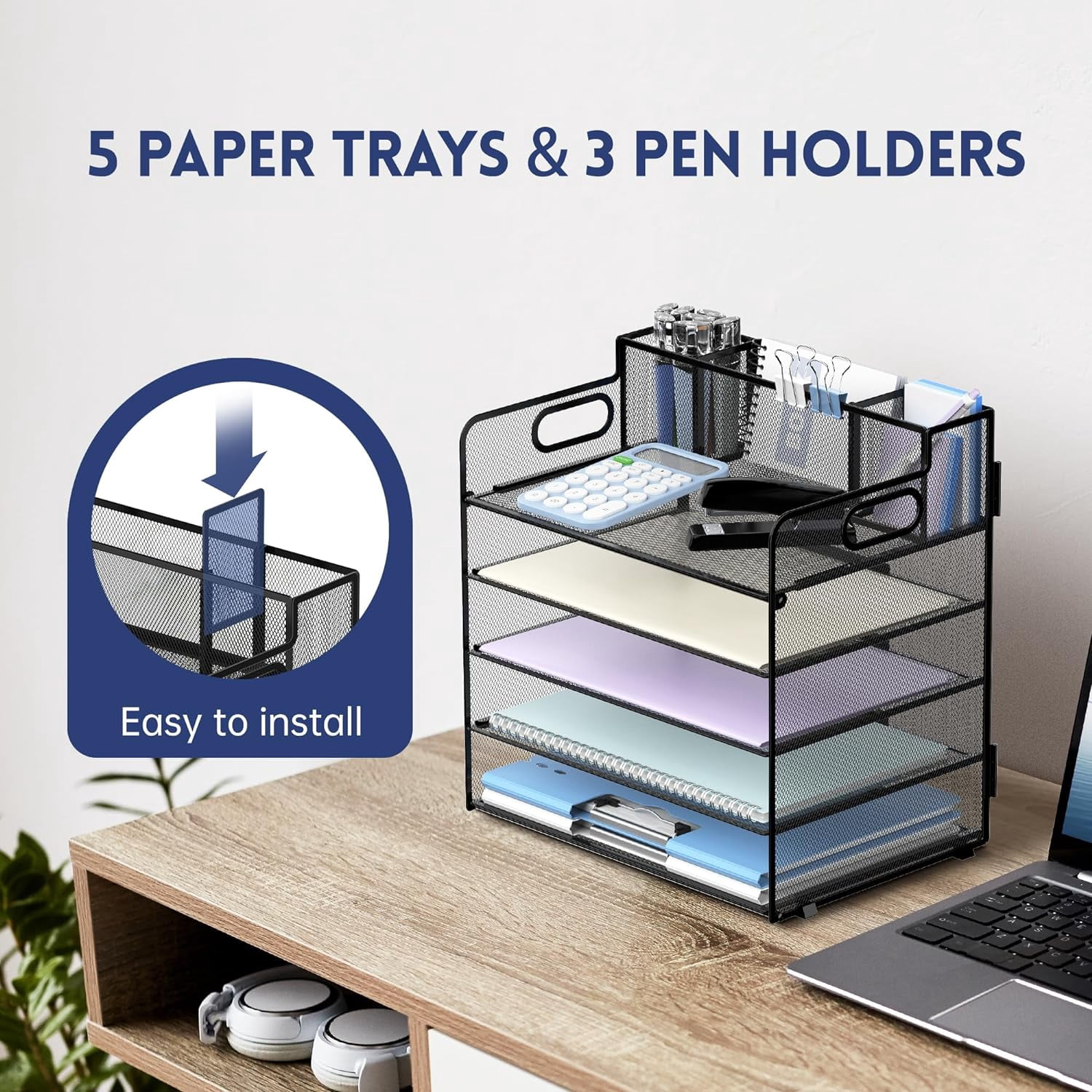 INTIGE 5 Trays Paper Organizer with 3 Pencil Holders-Letter Tray Desk Organzier with Handle (Black)
