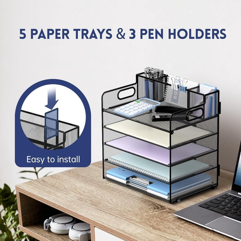 5-Tray Paper Organizer with 3 Pencil Holders photo 3