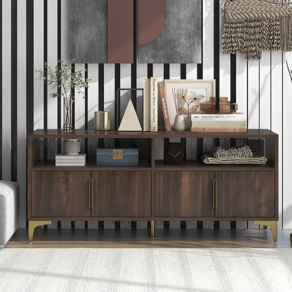 58" L Modern Narrow Sideboard with Shelves and Doors, Elegant Buffet Server Storage with