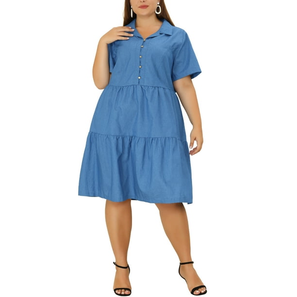 Vestido de mezclilla de mujer plus size Agnes Orinda con mangas cortas, botones y diseño fluido en capas 1X azul denim