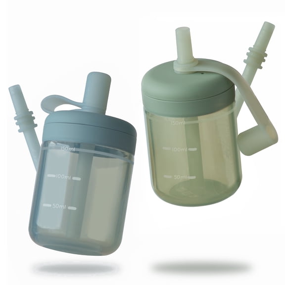 Moonkie Toddler Training Spill Resistant, Drop-Proof FDA-Approved Silicone Straw Cups with Straw Lid, BPA-Free, 4 oz, Unisex, 6 Months , Green, 2 Pack