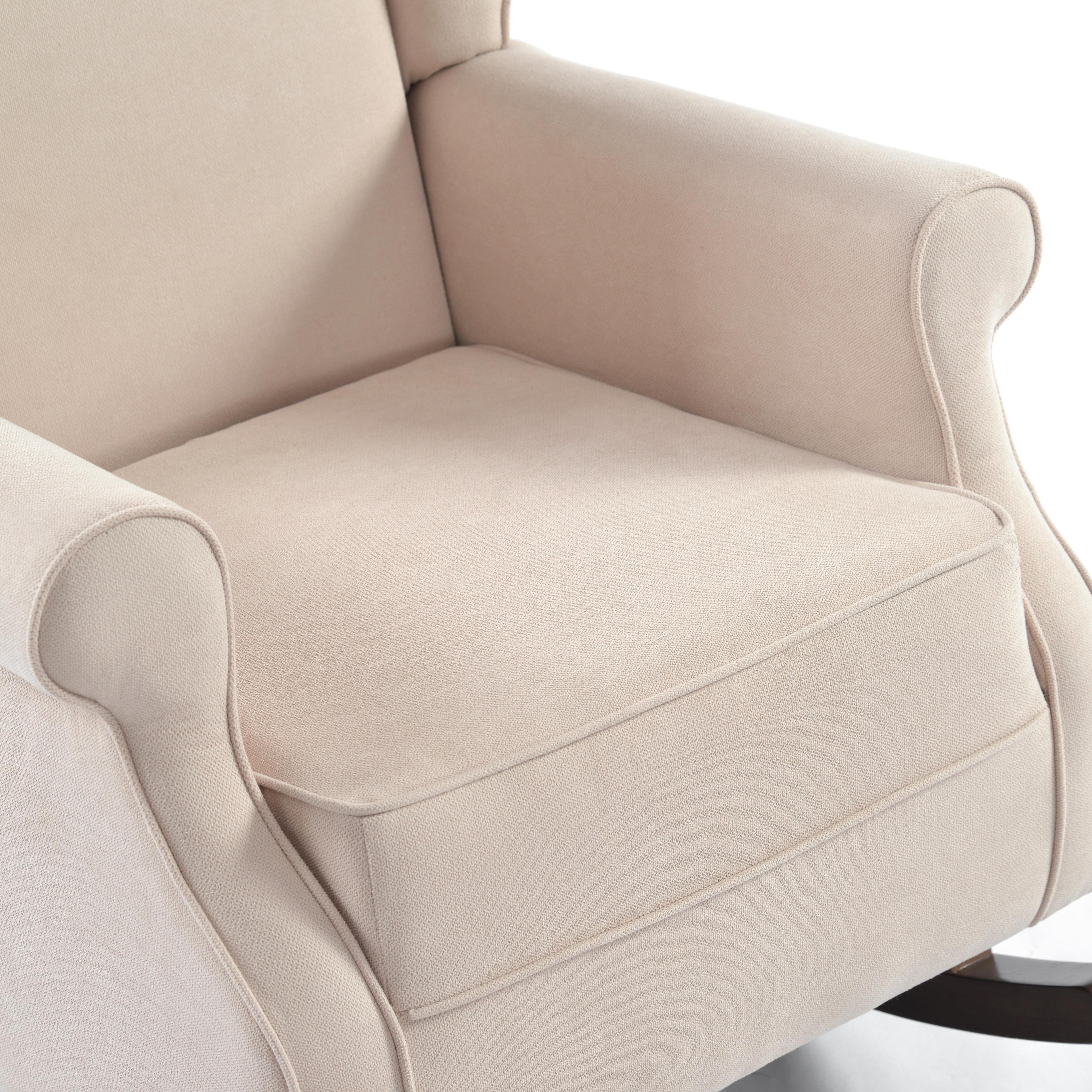 Haven Upholstered Premium Wingback Rocking Chair, High Back Accent Rocker for Nursery Living Room Bedroom, Solid Wood Curved Base (Linen))