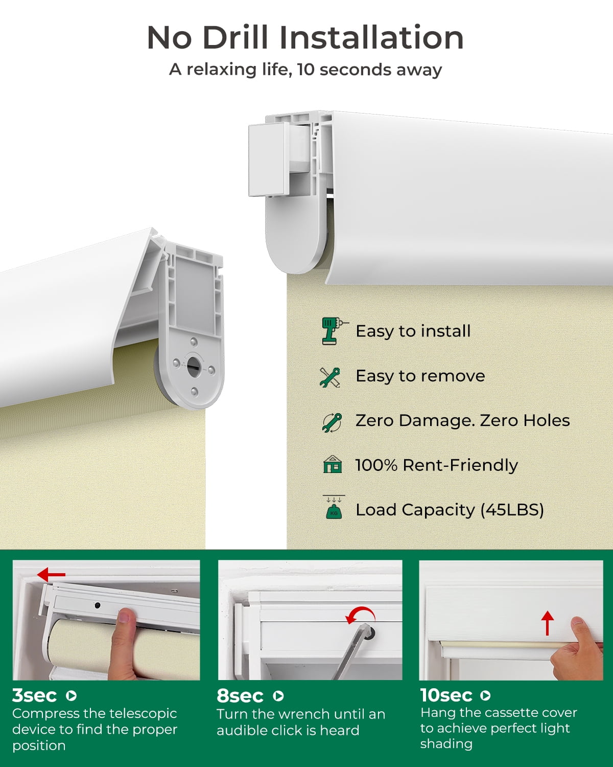 Allesin Motorized Blinds No Drill Automatic Roller Shades with Remote | Rental-Friendly & Easy Install Smart Electric Window Blinds for Apartment, Beige 33.5x72