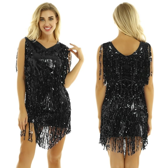 inhzoy Women's V Neck Shiny Sequins Tassel Latin Dance Dress