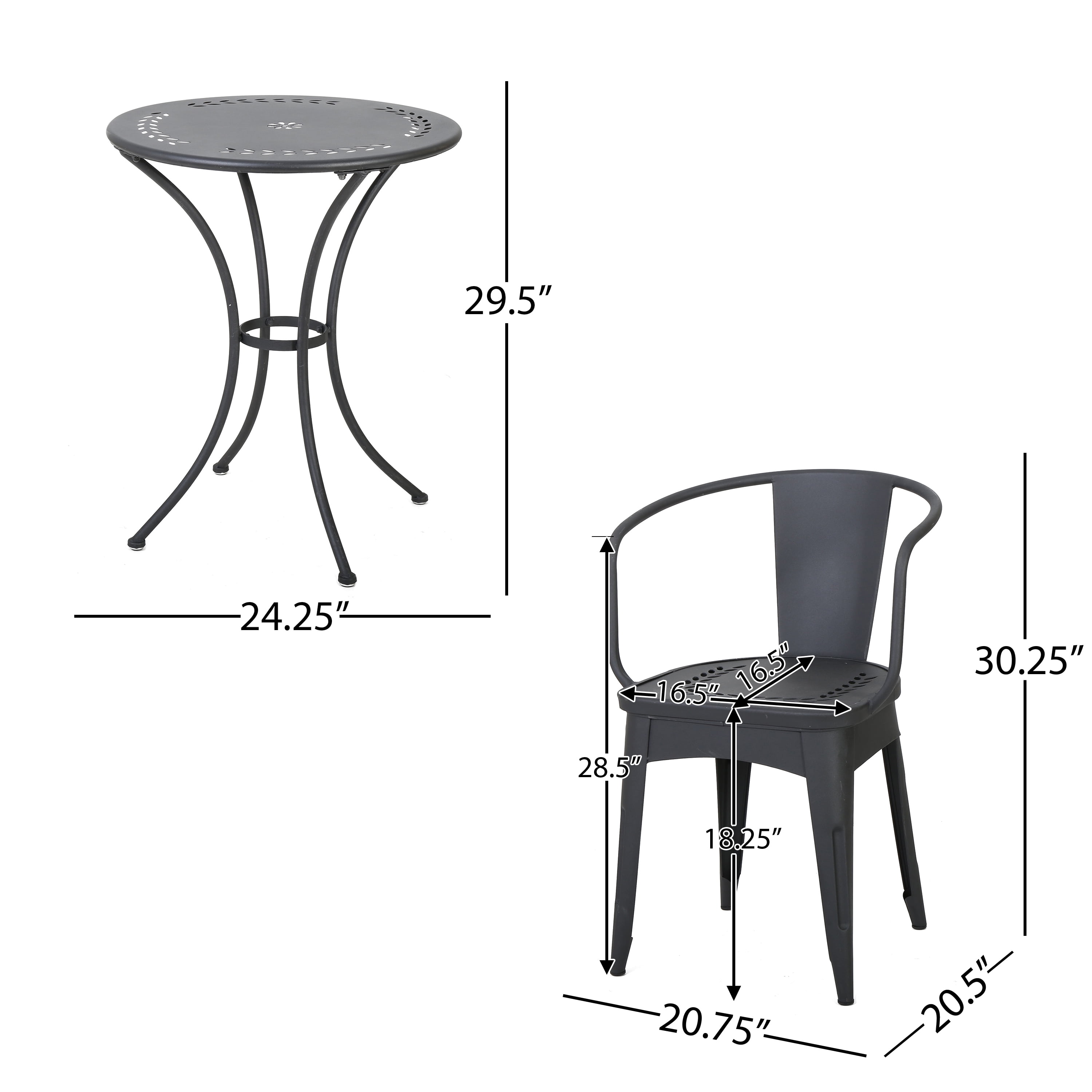 Outdoor 3 Piece Metal Frame Leisure Bistro Set, Combined Table and Chairs for Patio Garden, Black