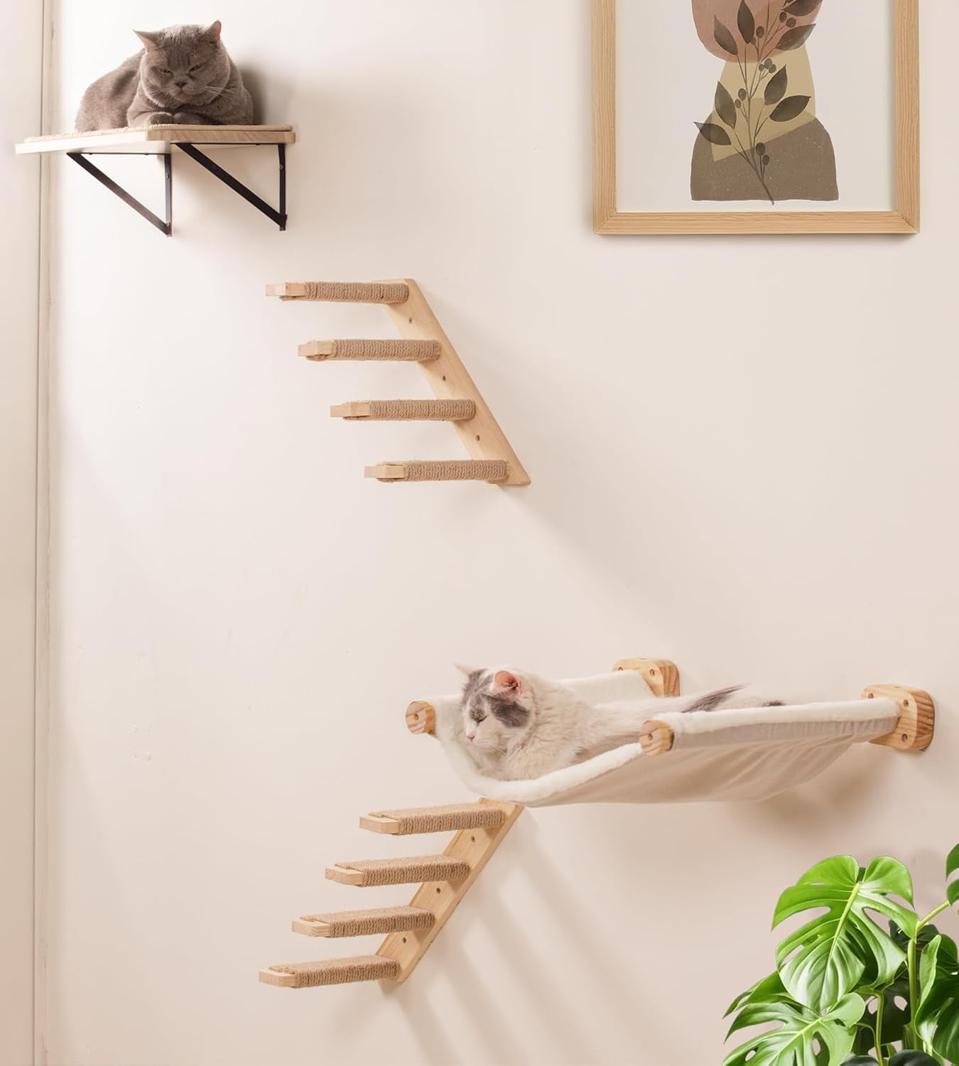 Peluomoz Beige Dual-Sided Wall Mounted Cat Hammock, Canvas and Plush Fabric, 1 Count