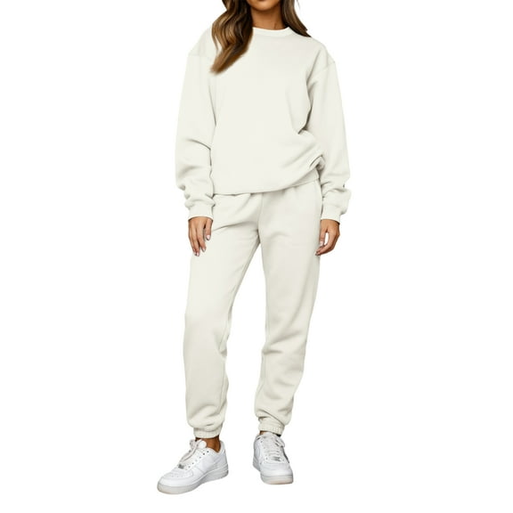 Kixjoy Lounge Sets for Women Oversized Casual Long Sleeve Sweatsuit Workout Warm Sweatshirts and Pants 2 Piece Basic Fall Outfits for Women, Beige S