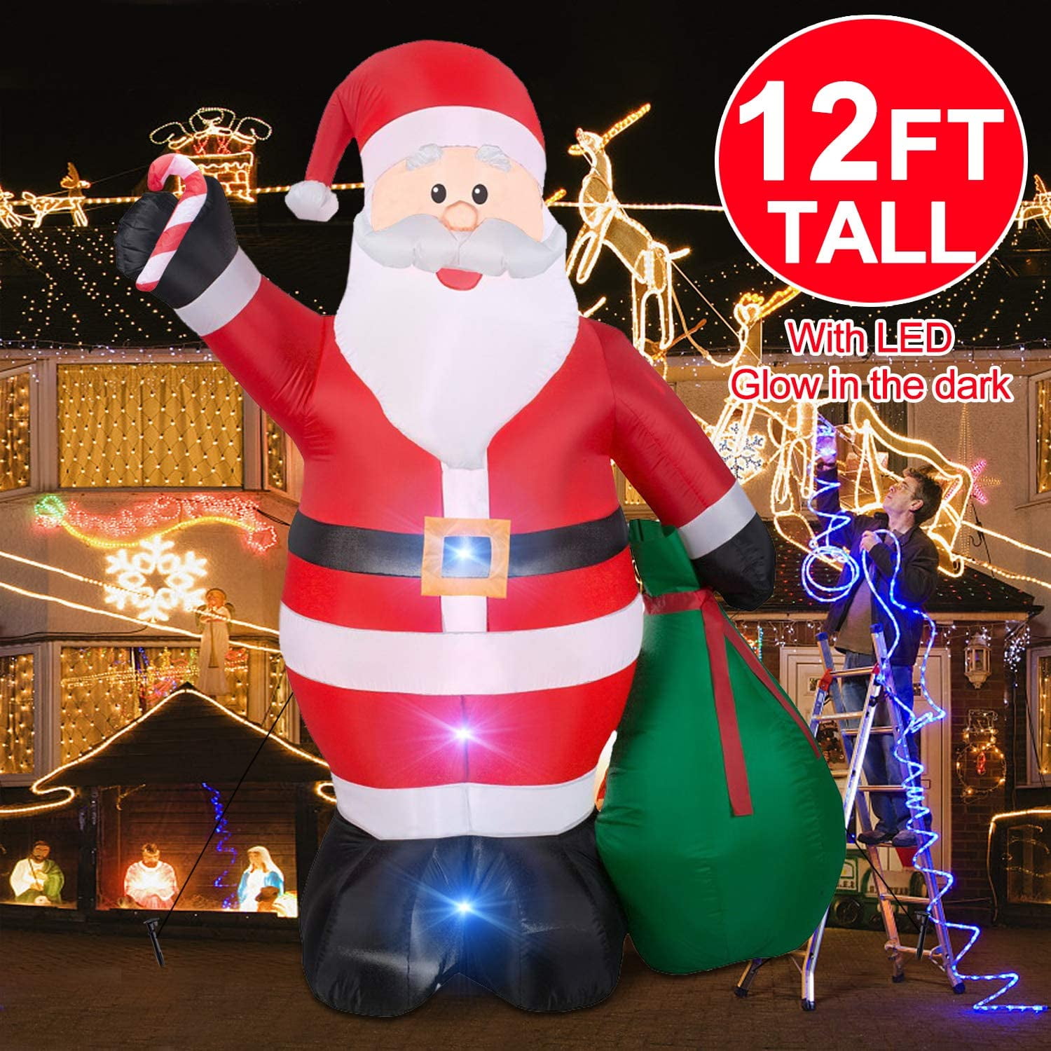 Christmas Inflatables Giant 12 Foot Inflatable Santa Claus with Gift Bag With LED Light for