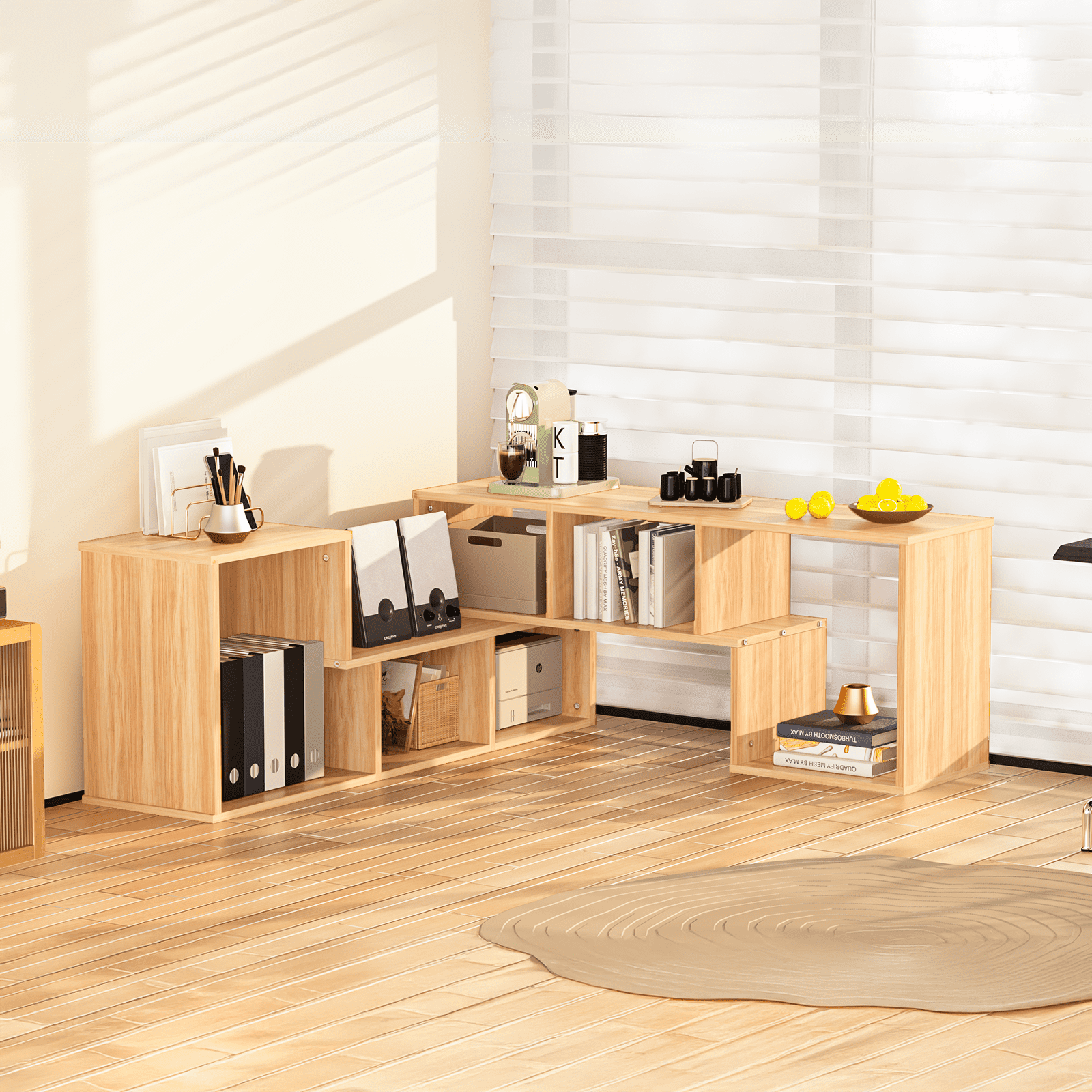 MOOSENG Horizontal Bookshelf, Vintage 2 Shelf Cube Bookcase L-Shaped TV Console Stand, Modern Entertainment Center with Open Storage Shelves for CDs/Movies/Books for Living Room, Bedroom