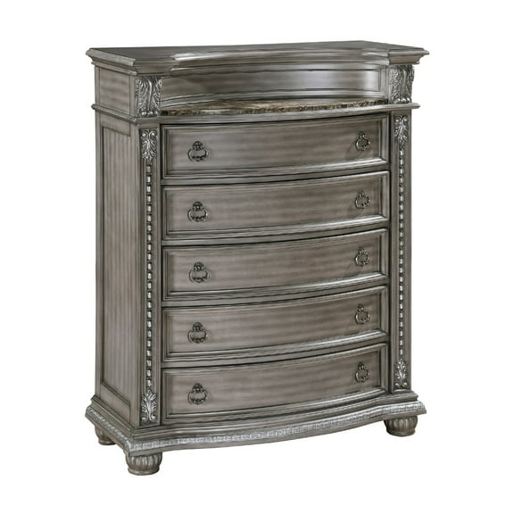 Benjara Toga Tall Dresser Chest, 5 Drawers, Gray Acacia Wood, Carved Details