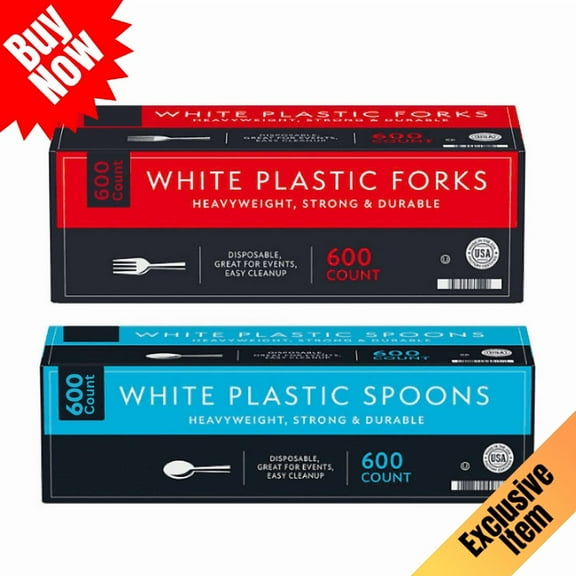 Heavyweight White Plastic Cutlery Variety Pack, Forks and Spoons, 600 Each, 1200 Count Total