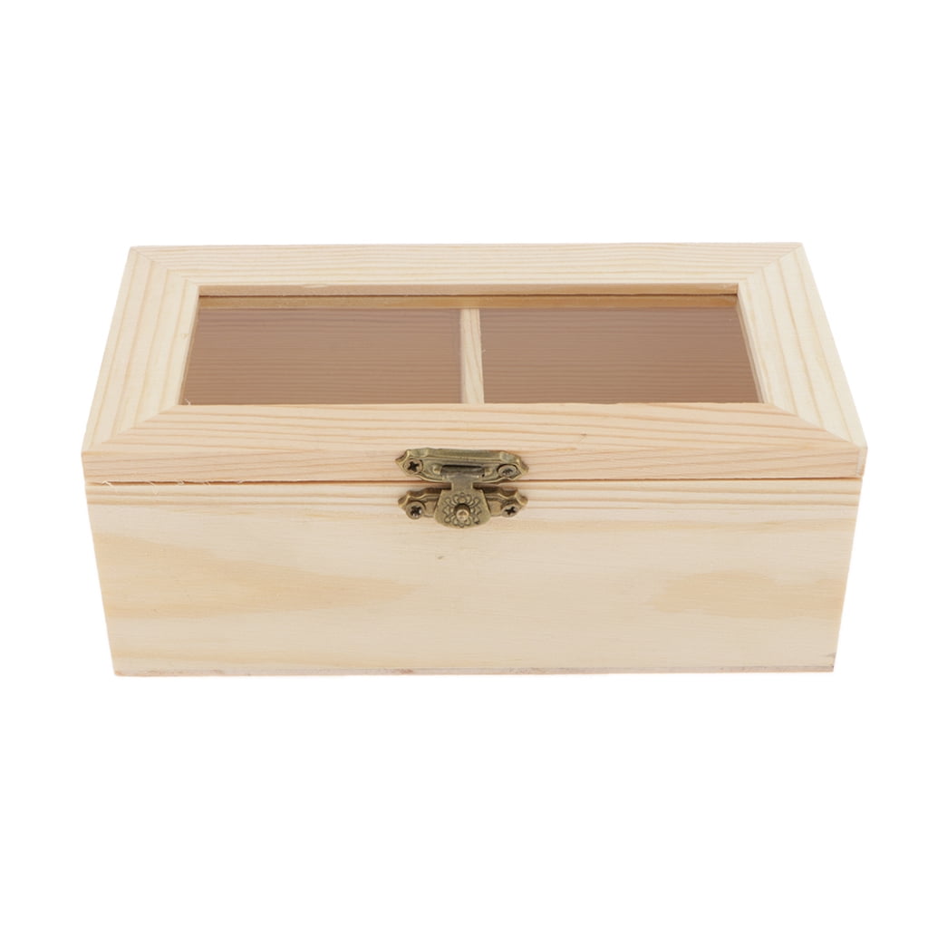 Wooden Natural Wooden Jewelry Box Tea Box Storage Box w/ Clasp 2 Grids 