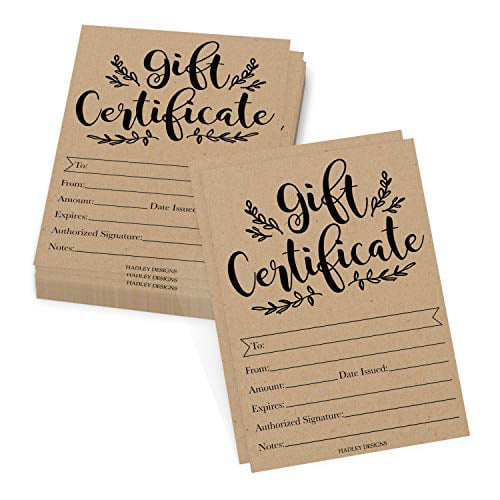 25 Rustic Gift Certificate Cards with for Spa Salon Custom Client Vouchers for Birthday 4x9 Inches Work Gift Card Restaurants Kraft Look Gwency Design Blank Gift Certificates for Business 