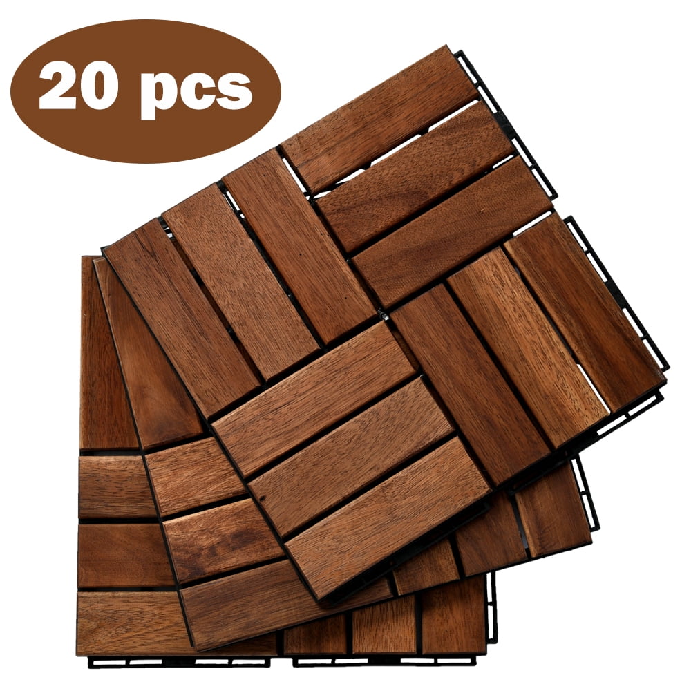 Interlocking Decking Tiles Outdoor, BTMWAY 12" x 12" (Set of 20 Tiles) Wooden Floor Tiles for