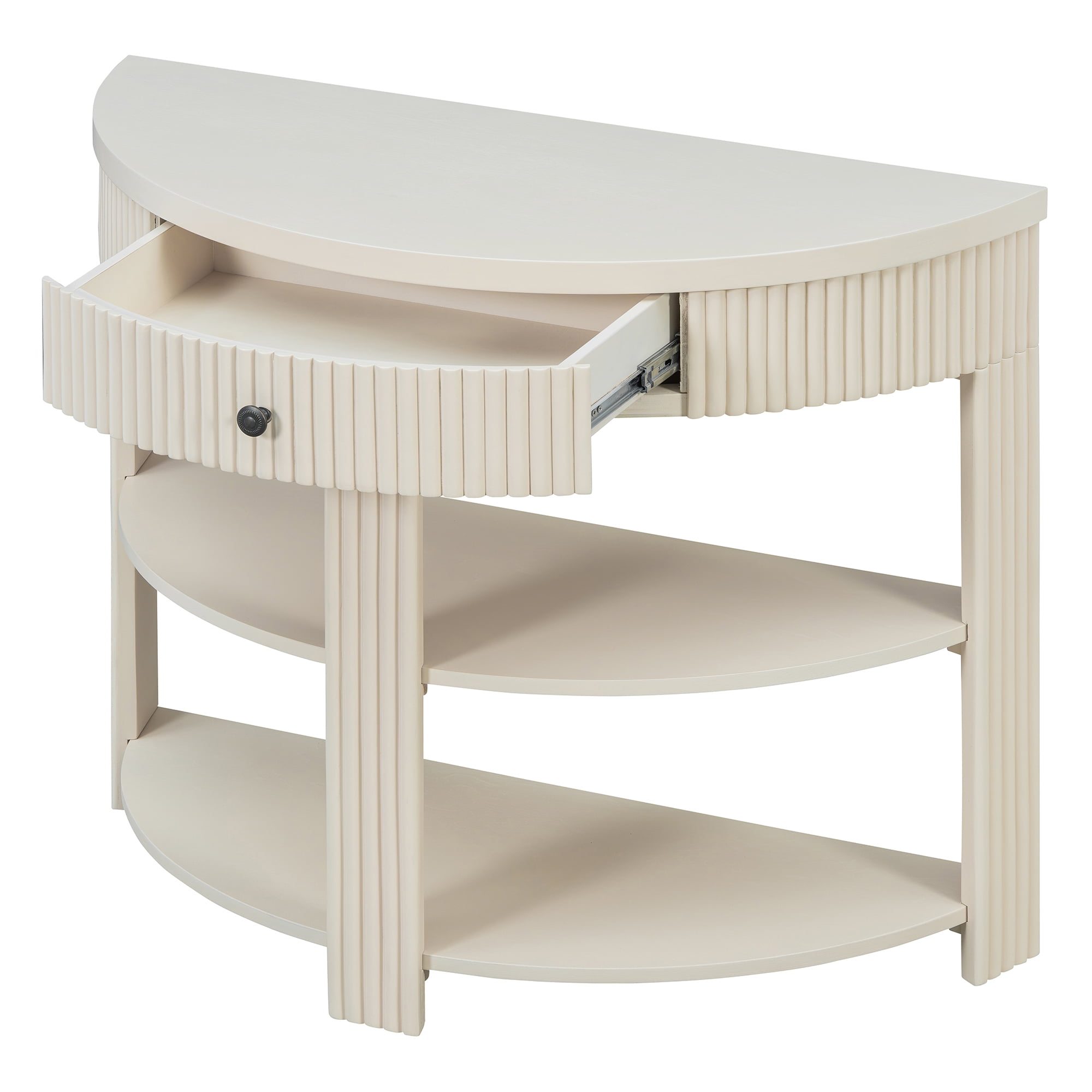 Euroco Fluted Half Moon Console Table with 1-Drawer, 3 Tier Entryway Table with Open Storage Shelves for Living Room, Hallway, Foyer,Cream