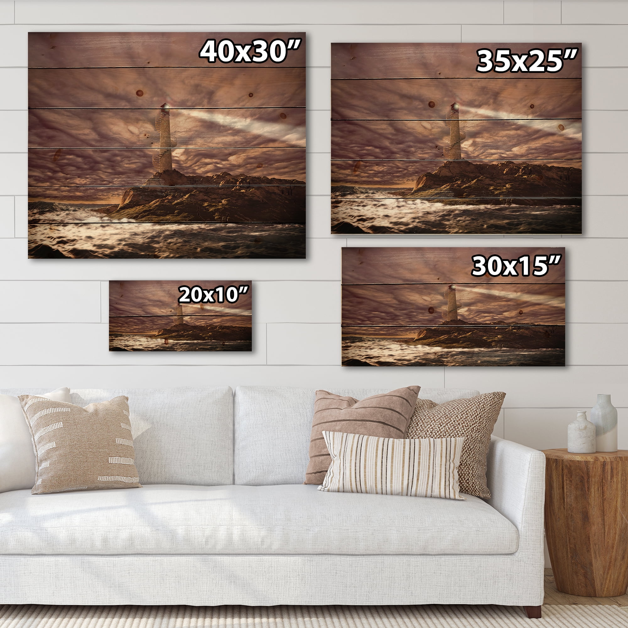 Designart 'Lighthouse Shining Light During Stormy Clouds Night I' Nautical & Coastal Print on Natural Pine Wood