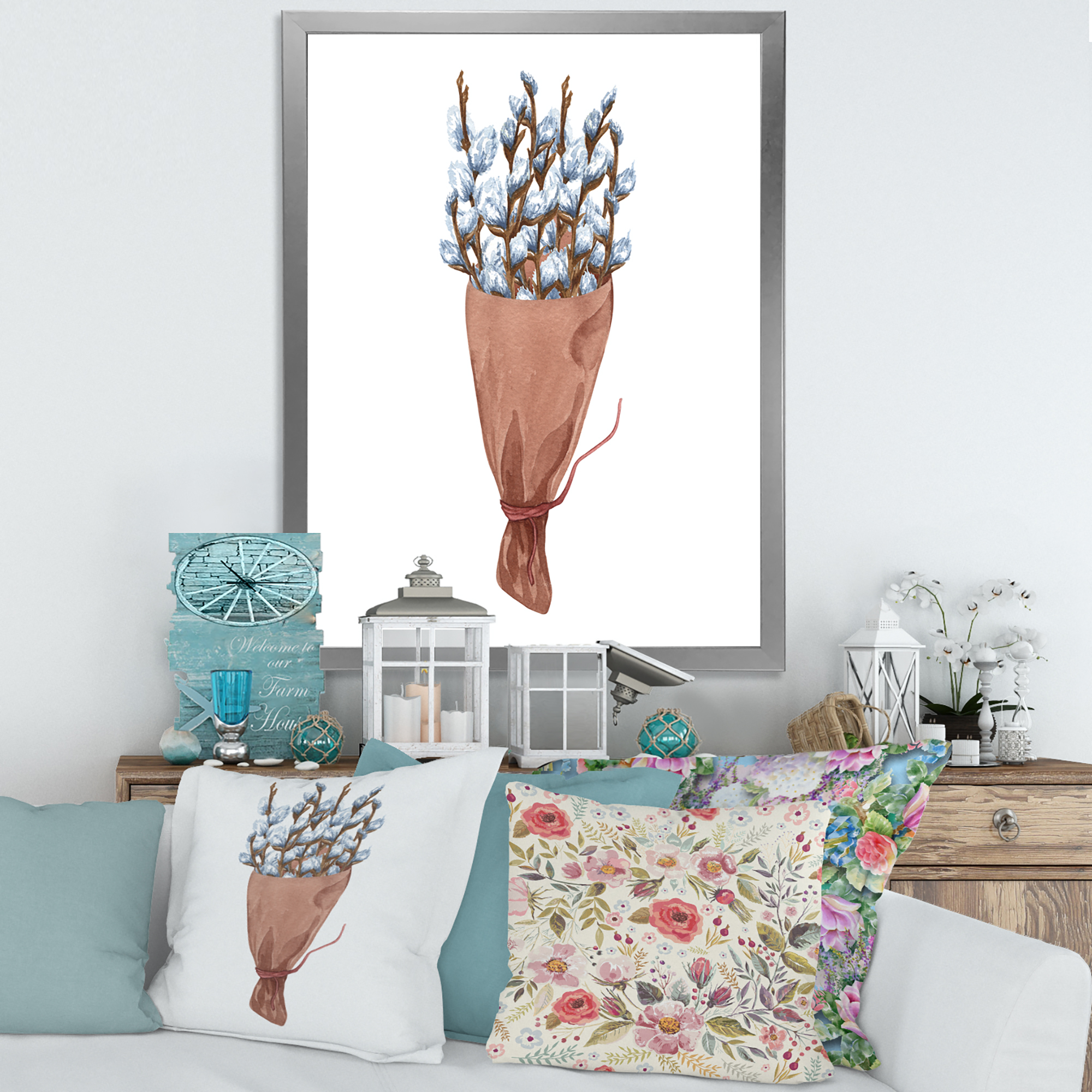 Designart 'Bunch of White Pussy Willow Twigs I' Farmhouse Framed Art Print