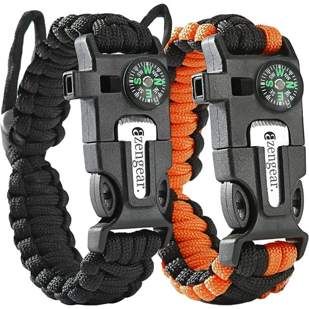 Pulsera de supervivencia de paracord, iniciador de fuego de acero de sílex, brújula, silbato, accesorios de senderismo, kit de equipo para acampar al aire libre, emergencia (negro y naranja)