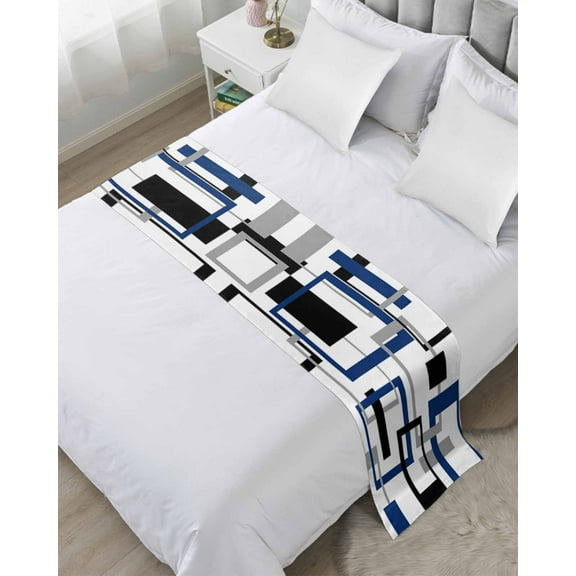 Xipuska Blue Black Geometric Bed Runners for King Size Bed, Decorative Bed Throws for Foot of Bed, Modern Minimalist Stripes Aesthetic Bed Runner Sofa Throw Bedding Scarf Slipcover for Bedroom