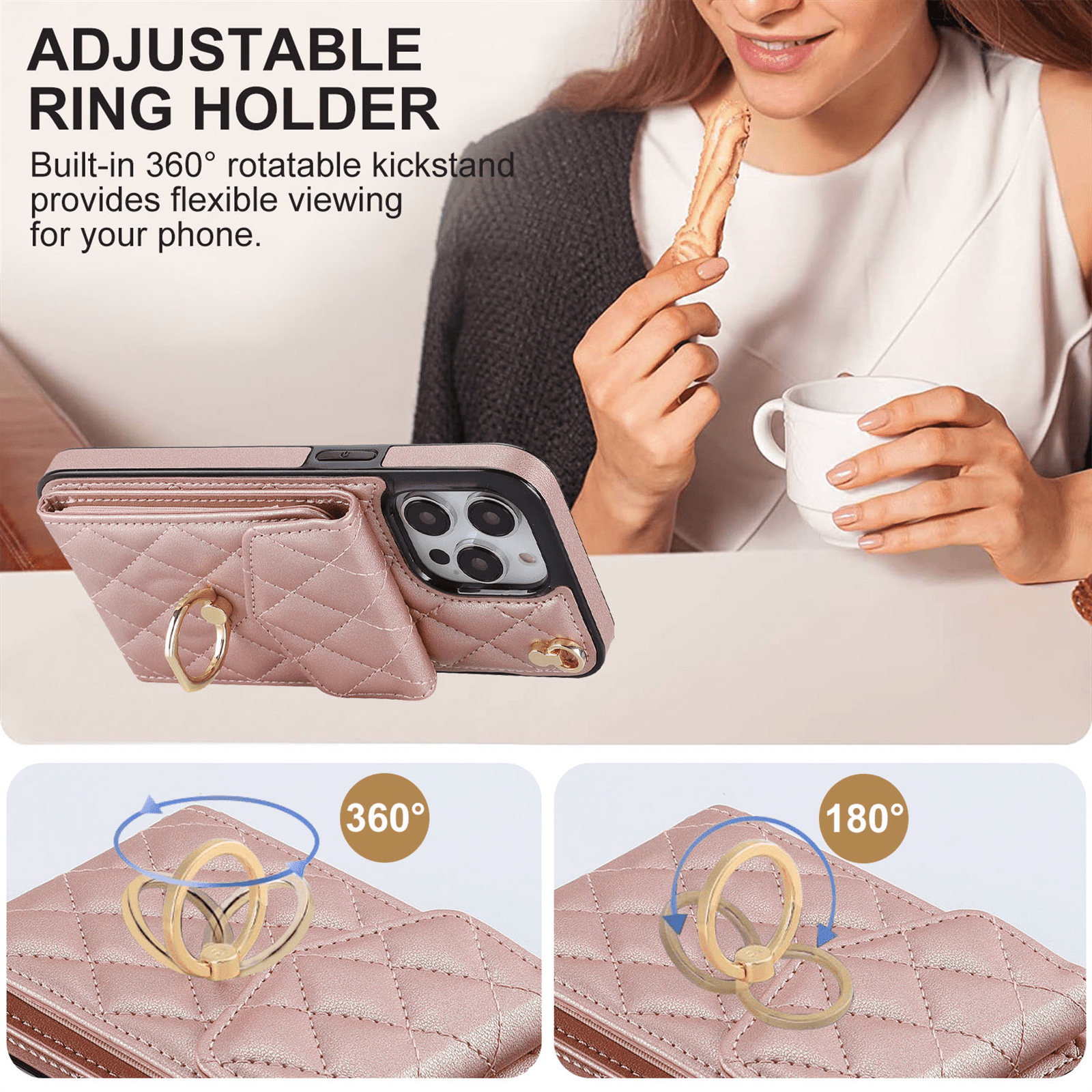 Asuwish Wallet RFID Blocking PU Leather Cell Phone Case with Tempered Glass Screen Protector, Wrist Strap for iPhone 15 Pro Max, Rose Gold