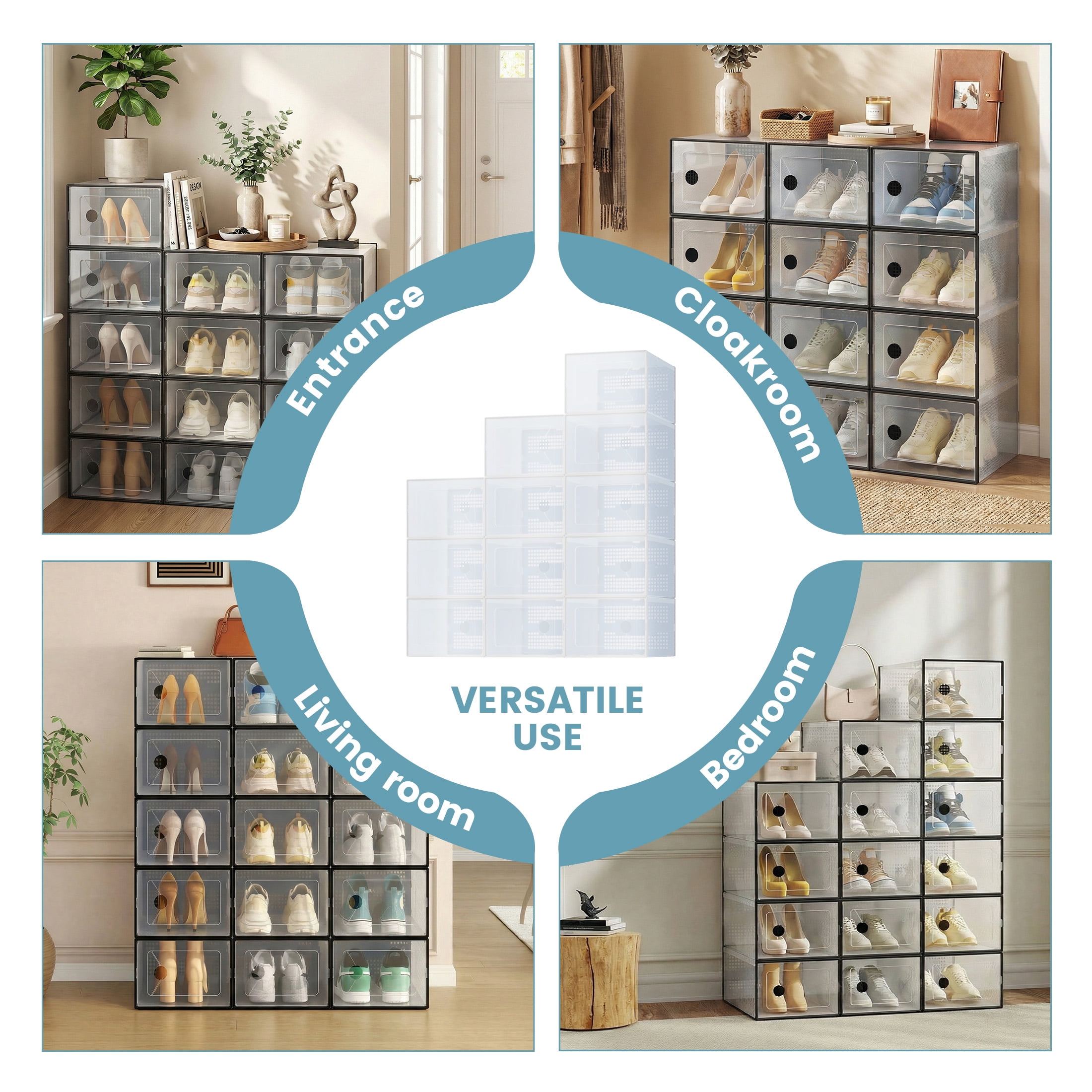 EDX 12-Pack Stackable Clear Shoe Box Organizer, Plastic Storage Bins for Closet Hallway & Bedroom, Ventilated & Stackable Shoe Storage Container Set Holds Shoes up to US Size 9, Black