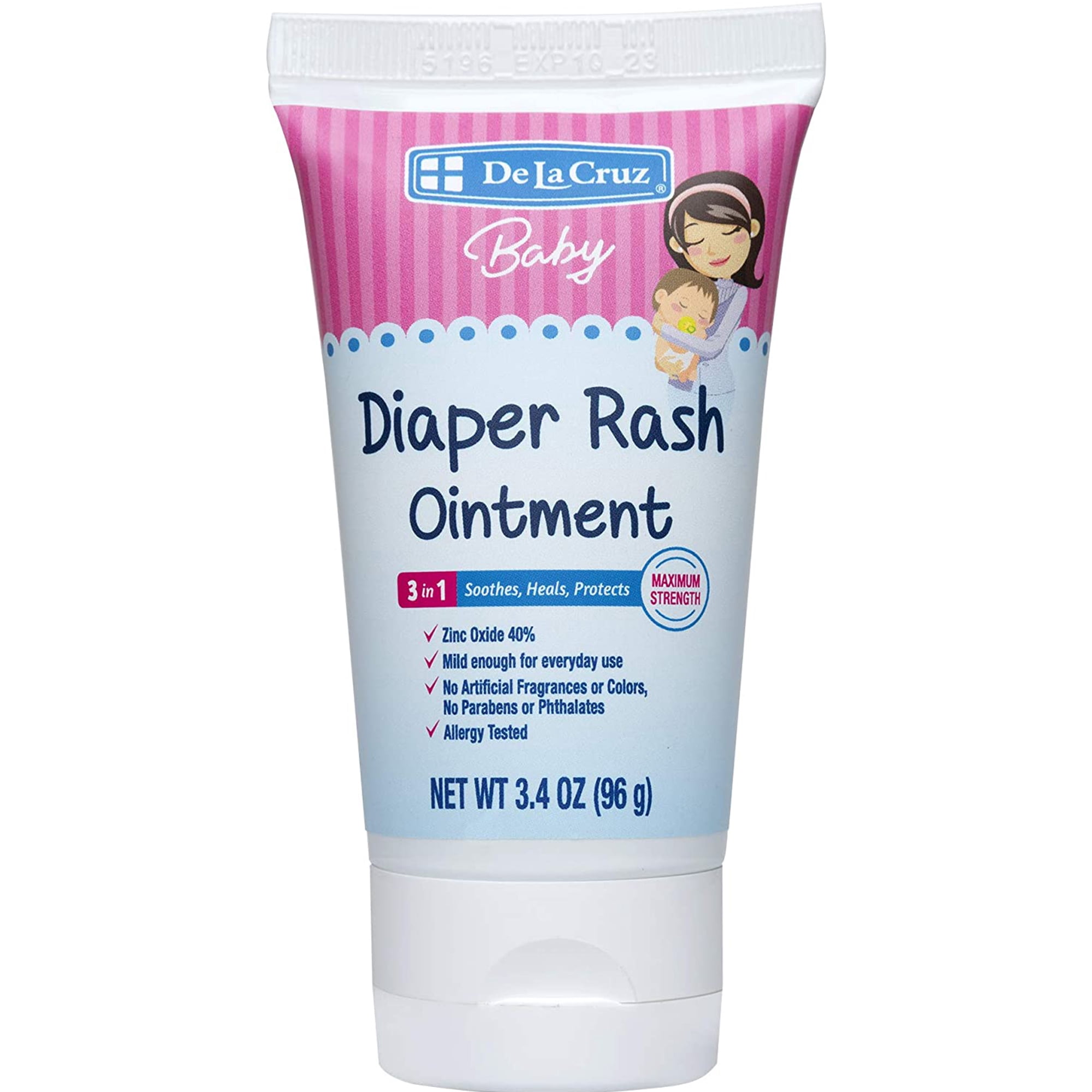 De La Cruz Baby Diaper Rash Cream - Maximum Strength 40% Zinc Oxide, Paraben Free & Fragrance Free - 3.4 Oz